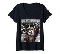 Femme Selfie drôle de Chat samouraï Dernier Jour d'école T-Shirt avec Col en V