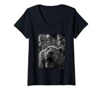Femme Selfie drôle de Lion avec épouvantails effrayants Animaux d'halloween T-Shirt avec Col en V