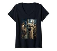 Femme Selfie Lama avec épouvantails Effrayant Animal d'halloween T-Shirt avec Col en V