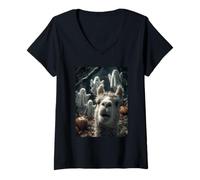 Femme Selfie Lama Effrayant avec fantômes forêt hantée Halloween T-Shirt avec Col en V