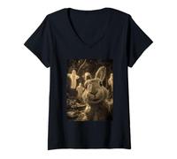 Femme Selfie Lapin Vintage avec fantômes forêt hantée Halloween T-Shirt avec Col en V