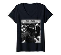 Femme Selfie mème Amusant du dernier Jour d'école de Ninja T-Shirt avec Col en V