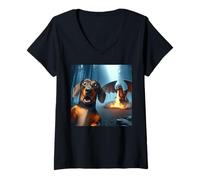 Femme Selfie Teckel avec Dragon Surprise Teckel T-Shirt avec Col en V