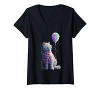 Femme Selkirk-Rex Illustration de Ballons colorés pour Amoureux des Chats T-Shirt avec Col en V