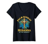 Femme Semaine Sainte Feuille de Palmier Dimanche des Rameaux Hosanna dans Le Plus Haut 2026 T-Shirt avec Col en V