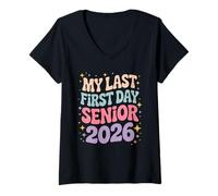 Femme Senior 2026 Mon dernier Jour d'école Groovy T-Shirt avec Col en V