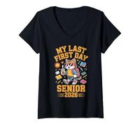 Femme Senior 2026 My Last First Day Cool Cat Backback to School Kids T-Shirt avec Col en V