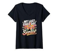 Femme Senior 2026 My Last First Day Design rétro coucher de soleil T-Shirt avec Col en V