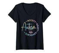 Femme Sensibilisation à l'Autisme Accept Adapt Advocate, Autism T-Shirt avec Col en V
