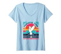 Femme Sensibilisation à l'Autisme Peaceful Mind Dove Retro Sunset Vibe T-Shirt avec Col en V