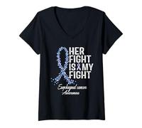 Femme Sensibilisation au cancer de l'œsophage Son combat est mon soutien guerrier T-Shirt avec Col en V