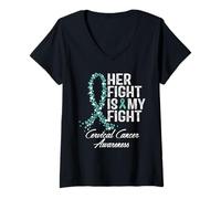 Femme Sensibilisation au cancer du col de l'utérus Son combat est mon soutien guerrier T-Shirt avec Col en V