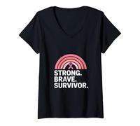 Femme Sensibilisation au Cancer du Sein - Fort et Courageux - Survivant Arc-en-Ciel T-Shirt avec Col en V
