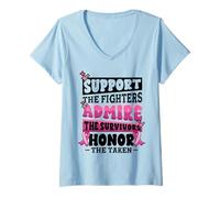 Femme Sensibilisation au Cancer du Sein Soutien aux Combattants T-Shirt avec Col en V