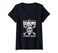 Femme Sensibilisation au SSPT My Demons Know I Fight Back T-Shirt avec Col en V