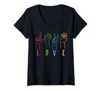 Femme Sensibilisation aux sourds, Couleurs Arc-en-Ciel, langage des Signes Love Hands T-Shirt avec Col en V