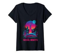 Femme Séoul, horizon de la ville sud-coréenne, vie nocturne amusante T-Shirt avec Col en V
