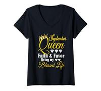 Femme September Queen Living My Blessed Life Anniversaire Lion Vierge T-Shirt avec Col en V