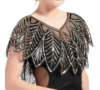 Femme Sequin ChâLe Et Wraps 6 Couleurs Été Col En V Perles Élégant Châle Enveloppement Dentelle Noire Femmes Courte Cape Paillettes Étincelles Vintage Lace Beaded Shawl(Black gold)