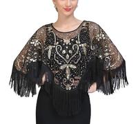 Femme Sequin ChâLe Et Wraps Cape De Soirée Vintage Des Années 1920, Accessoires For Robe, Châles, Écharpes, Poncho, Paillettes, Franges Perlées, Cache-cœur Vintage Lace Beaded Shawl(Black gold)