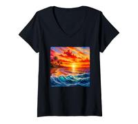 Femme Sérénité Tropicale au Coucher du Soleil - Paradis côtier T-Shirt avec Col en V