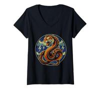 Femme Serpent de Domination Tigre Hybride Power Art T-Shirt avec Col en V