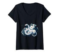 Femme Serpent Fleurs Blanches Animal Amour Floral Magique T-Shirt avec Col en V