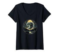 Femme Serpent regardant la Lune Reptile Mystique T-Shirt avec Col en V
