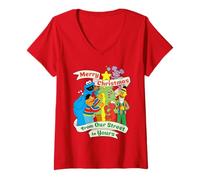 Femme Sesame Street Biscuit pour Sapin de Noël Ernie Elmo Abby Friends T-Shirt avec Col en V