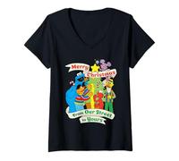 Femme Sesame Street Biscuit pour Sapin de Noël Ernie Elmo Friends Abby T-Shirt avec Col en V