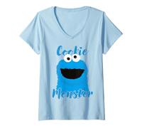 Femme Sesame Street Cookie Monster, Dessin animé Crazy Big Retro Face T-Shirt avec Col en V