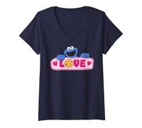 Femme Sesame Street Cookie Monster Love Valentine Cœur Fun Rétro T-Shirt avec Col en V