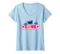Femme Sesame Street Cookie Monster Love Valentine Cœur Rétro Fun T-Shirt avec Col en V