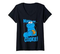 Femme Sesame Street Cookie Monster Yummy Cookies Happy Pose Rétro T-Shirt avec Col en V