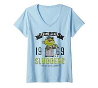 Femme Sesame Street Squad Grouch Batte de Baseball Pose College Cartoon T-Shirt avec Col en V