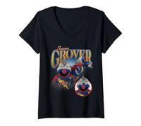 Femme Sesame Street Super Grover Bootleg Style T-Shirt avec Col en V