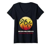 Femme Seven Mile Beach Îles Caïmans Design rétro Coucher de Soleil T-Shirt avec Col en V