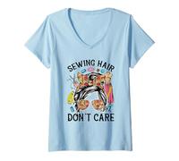 Femme Sewing Hair Don't Care Quilting Couturière Couture Chignon désordonné T-Shirt avec Col en V