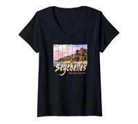Femme Seychelles Souvenir Vintage Coucher Soleil de l'océan Indien T-Shirt avec Col en V