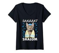 Femme Shabbat Shalom Chemise Chat Mignon avec Kippa T-Shirt juif drôle T-Shirt avec Col en V