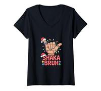 Femme Shaka Bruh Sign Hawaiian Christmas Lights Santa Hat Hula Lei T-Shirt avec Col en V