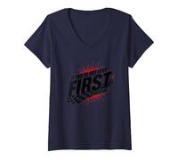 Femme Shake and Bake First Last Racing Citation de Motivation pour Fan de Course T-Shirt avec Col en V, Bleu Marine, XL