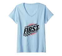 Femme Shake and Bake First Last Racing Citation de Motivation pour Fan de Course T-Shirt avec Col en V, Bleu Céleste, L
