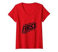 Femme Shake and Bake First Last Racing Citation de Motivation pour Fan de Course T-Shirt avec Col en V, Rouge, M