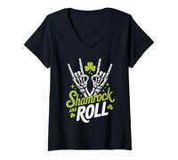Femme Shamrock and Roll Funny St Patricks Day Rock Hand Skeleton T-Shirt avec Col en V
