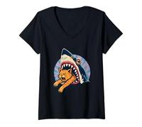 Femme Shark Attacks Mangeant Chat Prédateur Océan Animal Marine Danger T-Shirt avec Col en V