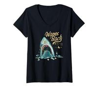 Femme Shark Waves Back Ocean Surf Plage Summer Funny T-Shirt avec Col en V