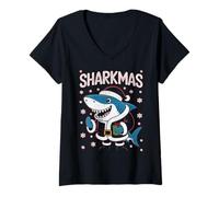 Femme Sharkmas Pull de Noël Moche avec Bonnet de Père Noël Requin T-Shirt avec Col en V