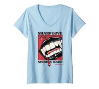 Femme Sharp Love Vampire Crocs Lèvres Gothique Halloween Spooky Babe T-Shirt avec Col en V
