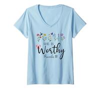 Femme She is Worthy Proverbs 31 Christian Bible Verse God Quote T-Shirt avec Col en V